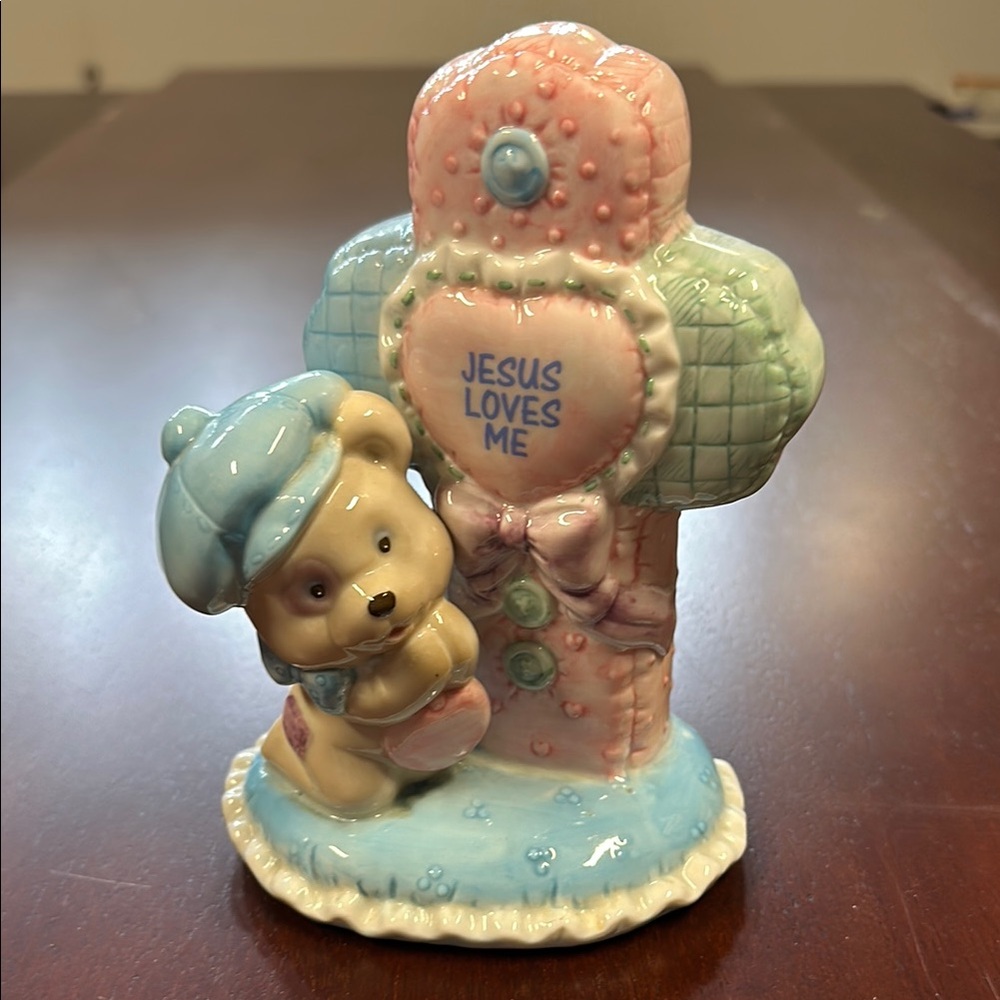 Enesco Ceramic Bear with Cross Figurine